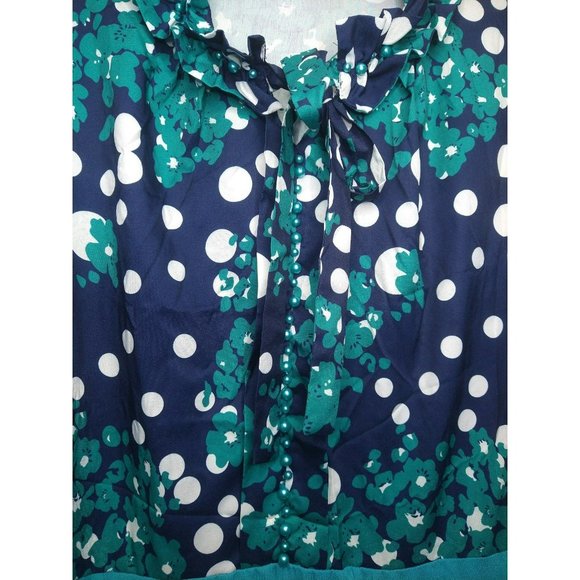 Elegant Pleated Teal Midi Dress with Polka Dotted pattern and front tie bow - Picture 3 of 8